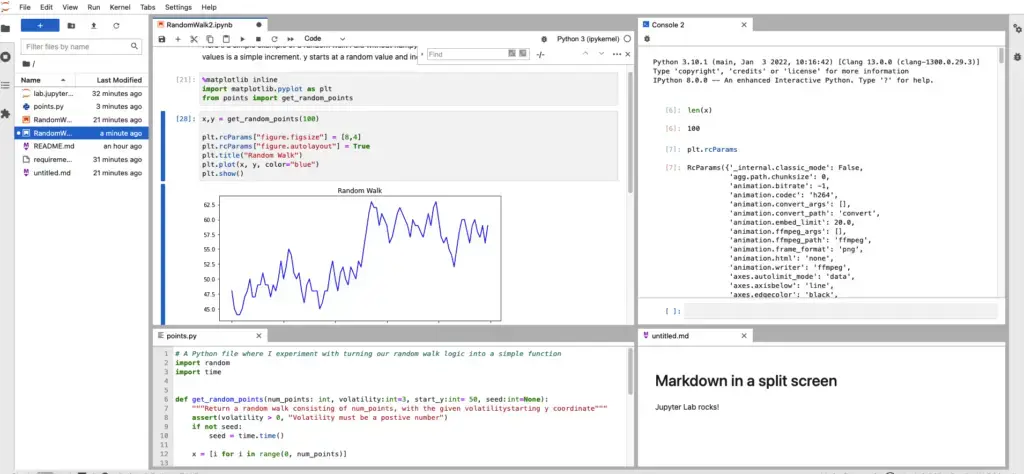 Jupyter Lab Screenshot showing a notebook, a Python console, Python module, and a Markdown file preview.