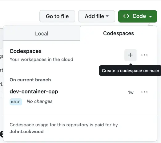 Launching a custom C++ Dev Container on CodeSpaces.