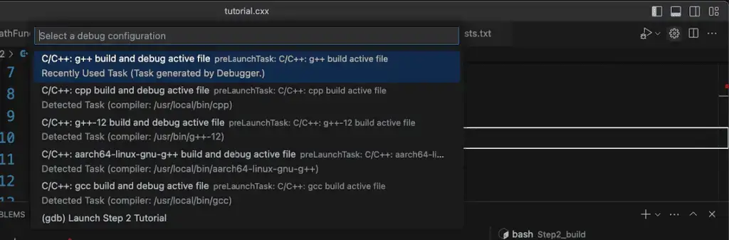 Selecting a launch configuration in VS Code.