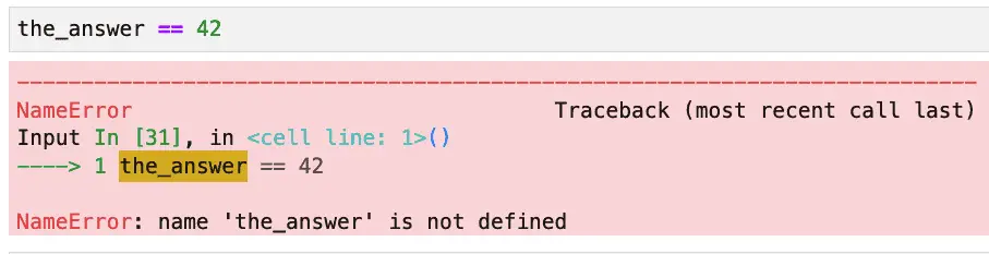 Using == instead of = in Python results in a NameError for a new variable.