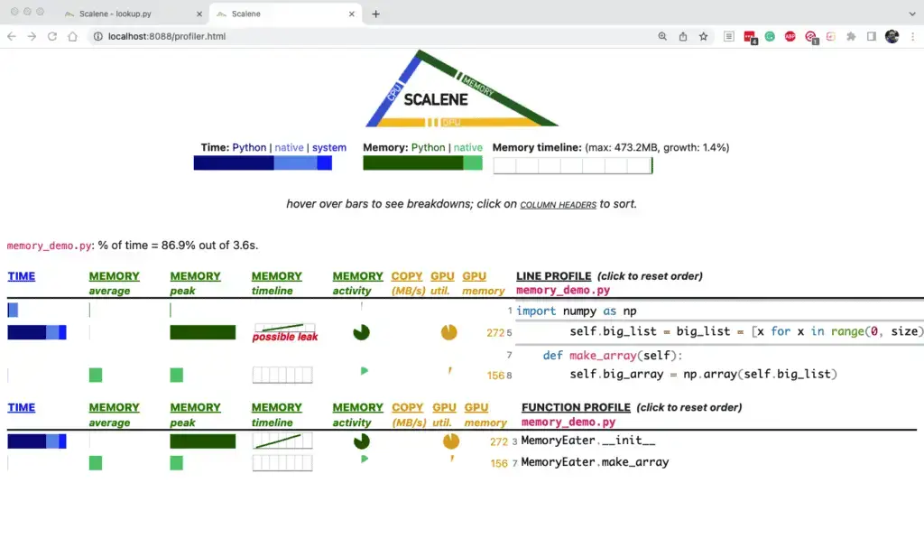 Screenshot showing Scalene profiling a memory leak.